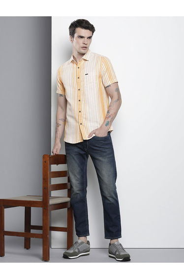 Men Orange Striped Spread Collar Shirt