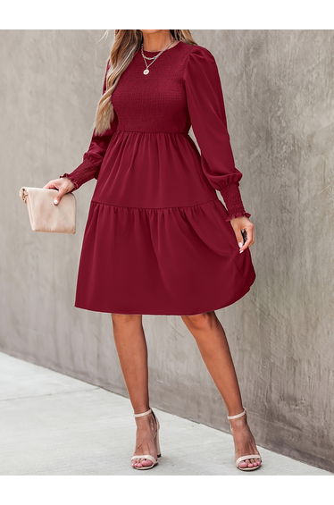 Burgundy Smocked Ruffle Knee-Length Dress