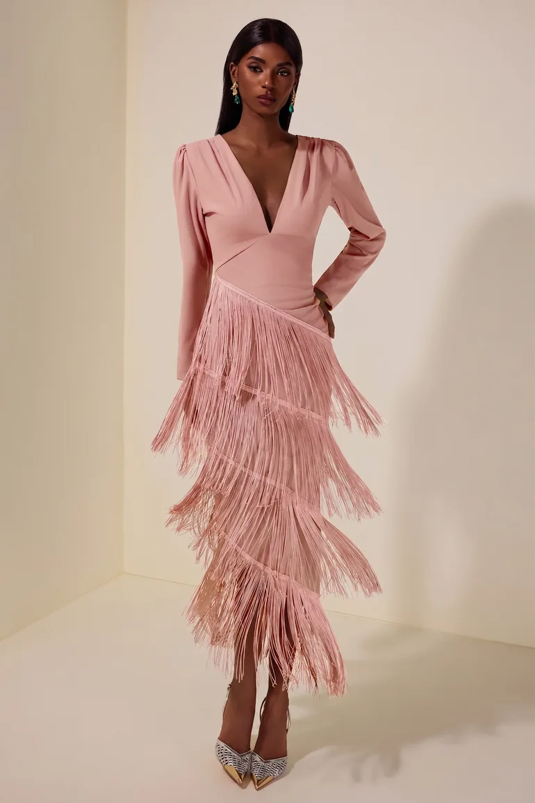 long tassel dress Zarah Long Sleeve Beaded Tassel Dress