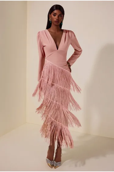 Tassel Ruched Long Sleeve Midi Dress