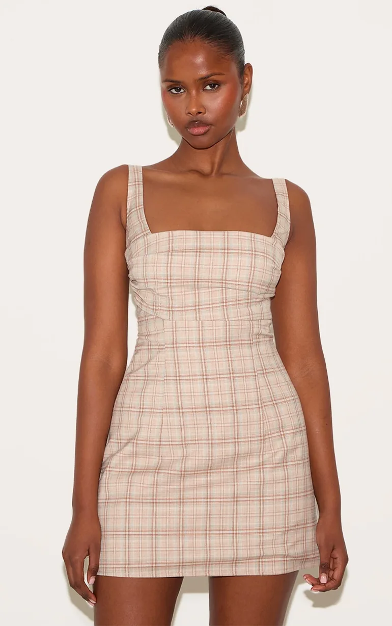 beige tartan dress Beige Plaid Wrap Dress