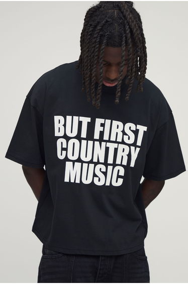 Oversized Boxy Country Slogan Heavyweight T-Shirt - black