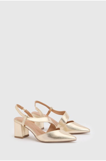 Wide Fit Eve Asymmetric Strap Block Heel Pointed Comfort Sock Court Shoes