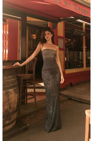 Navy Bandeau Printed Onion Maxi Dress