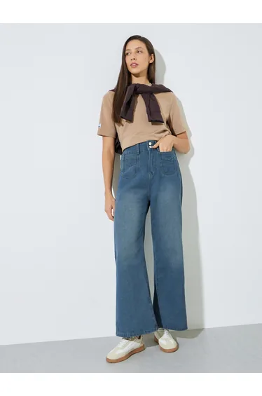 Medium Blue High Rise Wide Leg Jeans