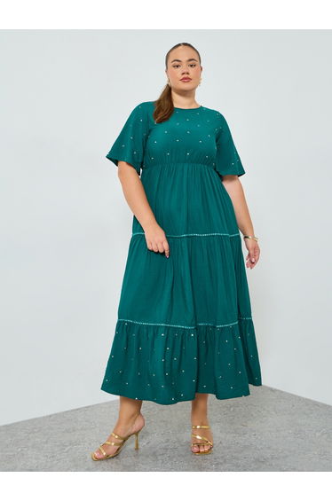 Plus Size Green Embellished Tiered Maxi Dress