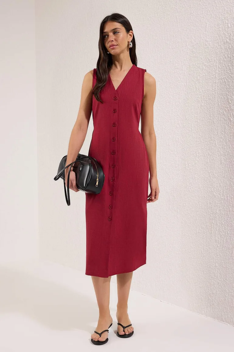 belted linen blend midi dress BELTED LINEN BLEND MIDI DRESS - Blue
