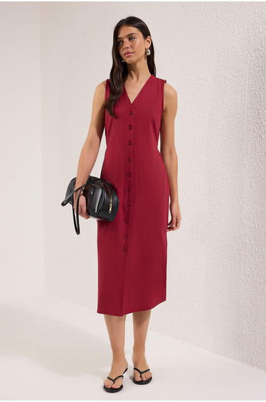 Wine Color Belted Linen Blend Midi Woven Shirt Dress