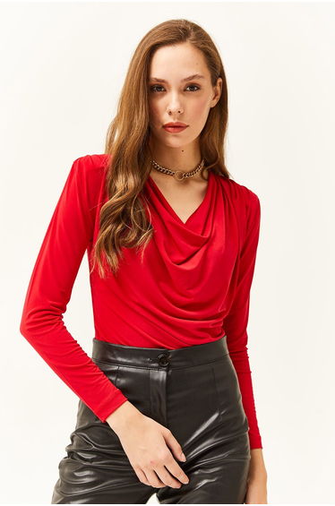 Women's Red Waistband Pleated Roll Up Collar Blouse