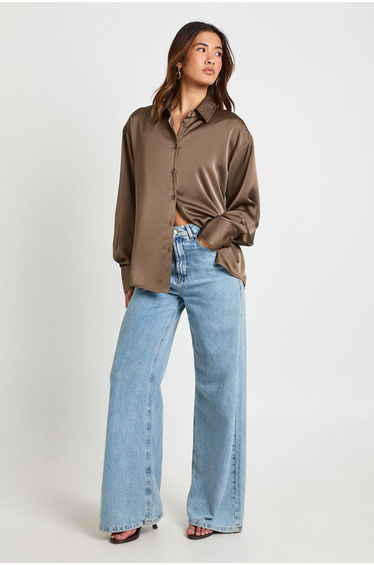Satin Button Down Shirt - chocolate