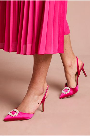 Selene Satin Pearl Trim Slingback High Heel Court Shoes