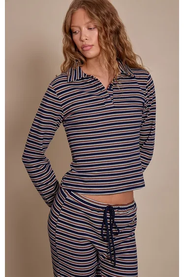Navy Soft Fleece Striped Collar Detail Long Sleeve Top