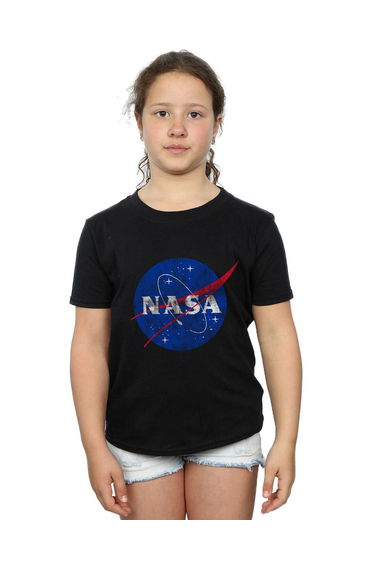 NASA Girls Classic Insignia Logo Distressed Cotton T-Shirt - Black