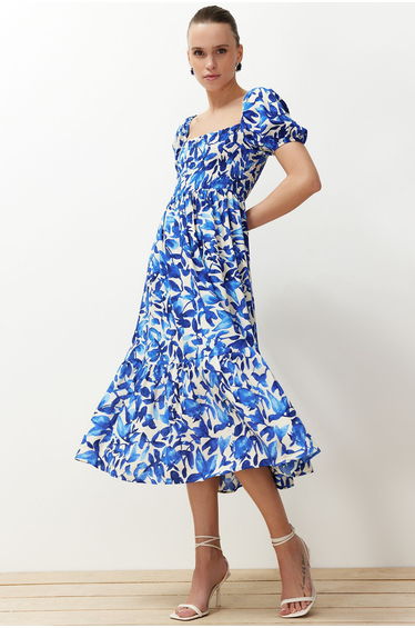Blue Floral Viscose Woven Dress
