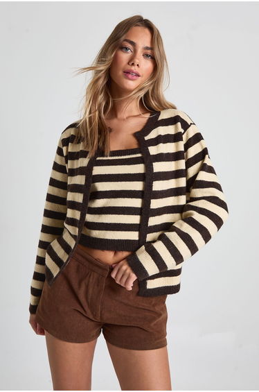 Super Soft Striped Knitted Boxy Fit Cardigan and Knitted Crop Top 2 Piece Set - chocolate