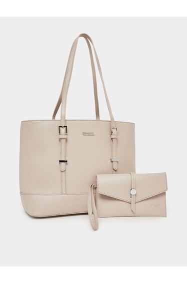 Beige Belted Tote Bag with Wallet Set