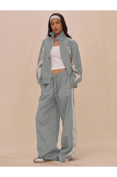 Grey Wide Leg Track Pants with Drawstring