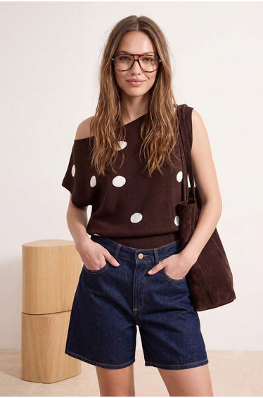 Brown Polka Dot Summer Special Yarn Boat Neck Waist Fitted Knitwear Blouse