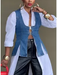 Loose Sleeveless Buckle Solid Color Split-Front U-Neck Vest Outerwear Vest Top - 1