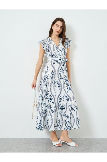 Women Leaf Print Tiered Maxi Dress