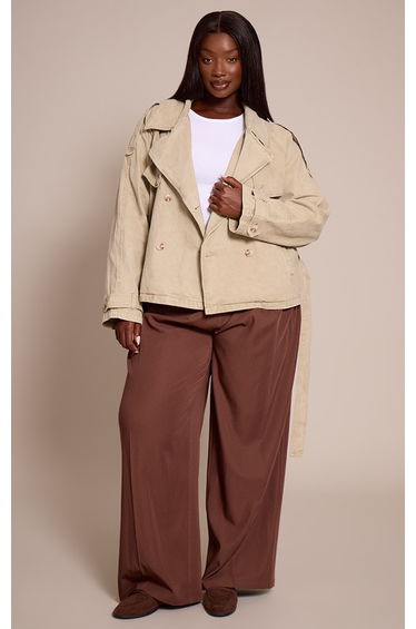 Plus Stone Belted Button Detail Cropped Denim Trench