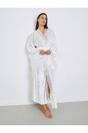 Crushed Velvet Flared Sleeves Robe with Contrast Lace Trim