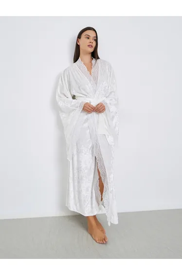 Crushed Velvet Flared Sleeves Robe with Contrast Lace Trim
