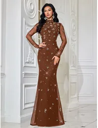 Rhinestone Stand Neck Long Sleeve Slim Gown Hot Drill Women Evening Dresses - 2