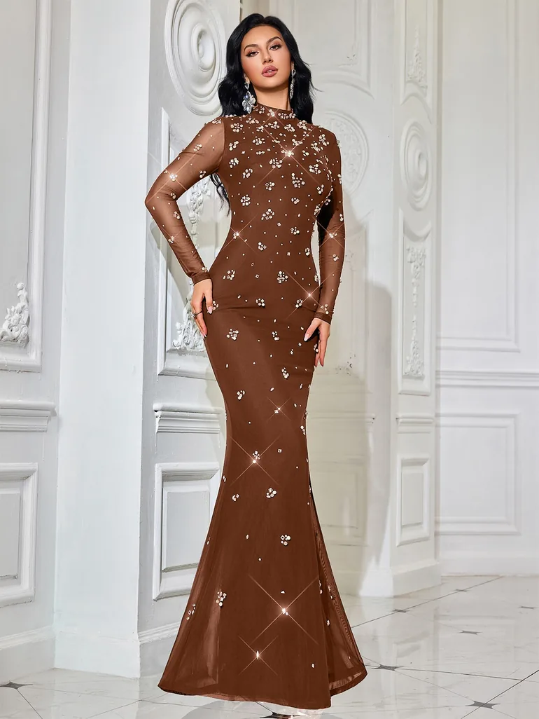 Rhinestone Stand Neck Long Sleeve Slim Gown Hot Drill Women Evening Dresses - 7