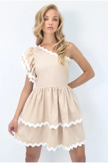 Women's Beige One Shoulder Hidden Zipper Layered Flounce Skirt Woven Poplin Dress
