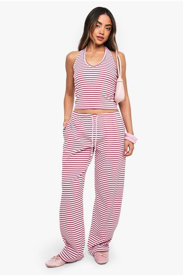 Stripe Rib Halterneck Top - pink