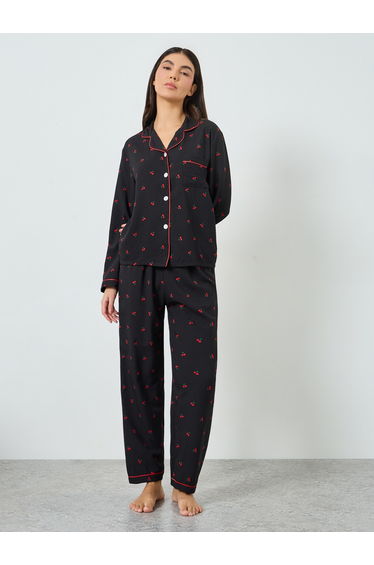 Black Cherry Print Shirt and Pyjama Set