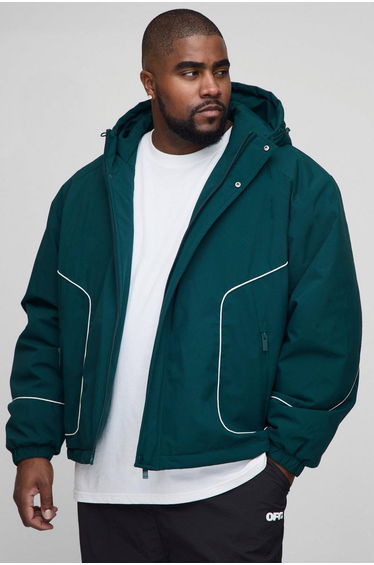 Plus Regular Fit Piping Detail Nylon Padded Parka - forest