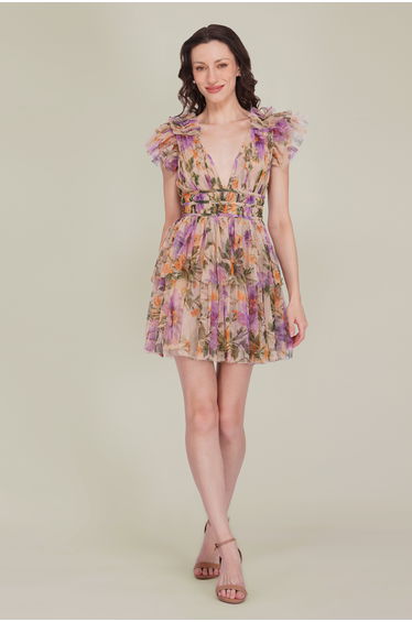 Naomi Tulle Mini Dress in Purple Botanical Print