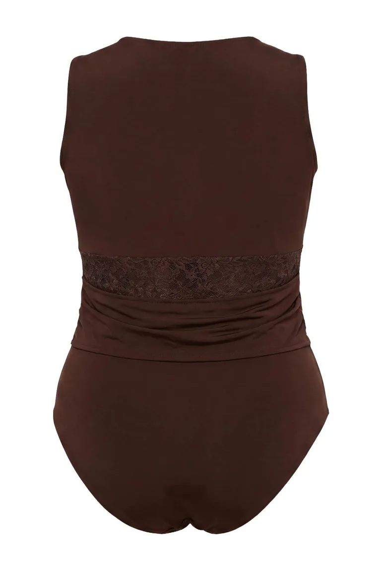 Brown Lace Detailed Plus Size Knitted Blouse - 5