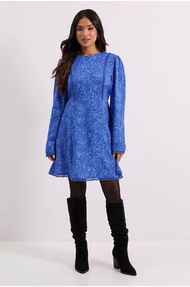 Petite Blue Animal Lace Trim Detail Tie Back Printed Mini Dress