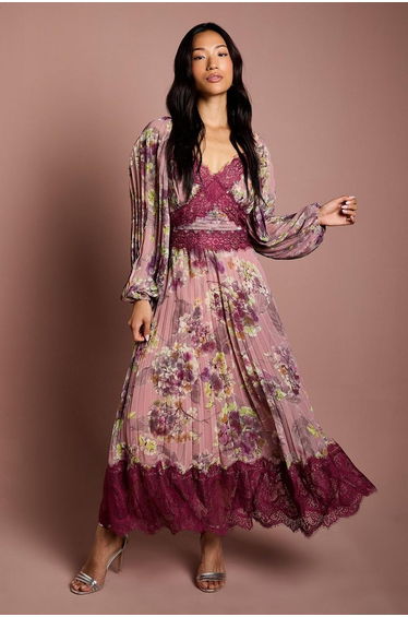 Long Sleeve Pleated Lace Trim Midaxi Dress