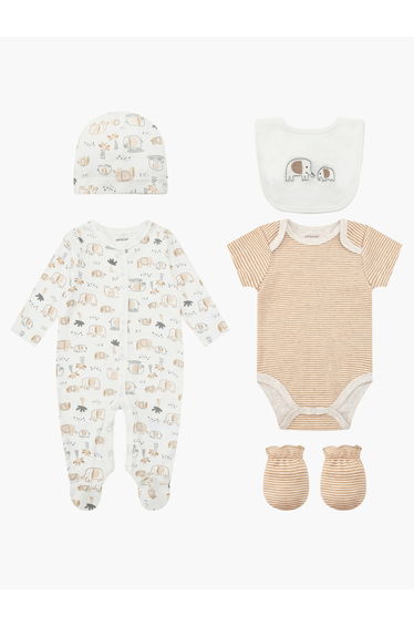 5-Piece Little Animal Print Hat, Bib, Bodysuit, Mittens and Footie