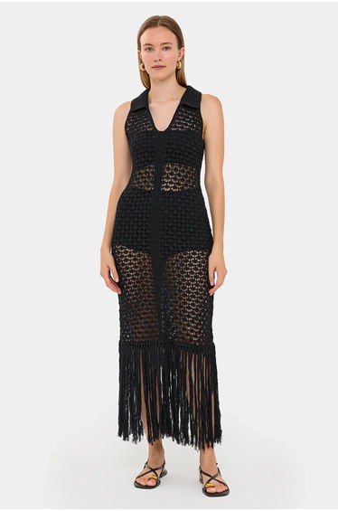 Sleeveless Knitted Maxi Dress with V-Neck and Tassel Hem