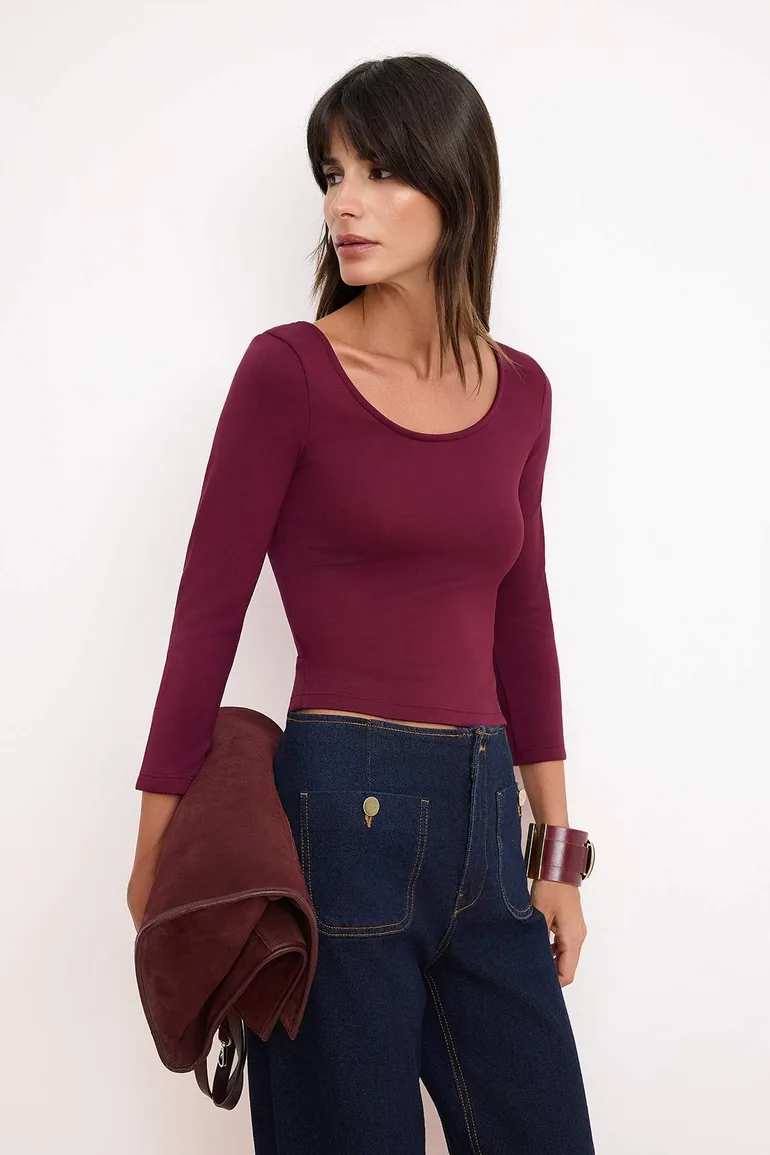 Burgundy Fitted/Bodycon Pool Neckline Three Quarter Sleeve Interlock Knitted Blouse - 1