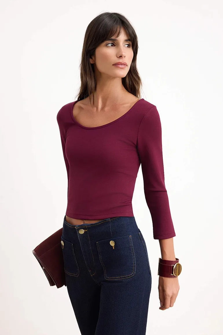 Burgundy Fitted/Bodycon Pool Neckline Three Quarter Sleeve Interlock Knitted Blouse