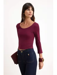 Burgundy Fitted/Bodycon Pool Neckline Three Quarter Sleeve Interlock Knitted Blouse