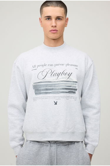 Oversized Playboy Magazine Printed License Sweatshirt - grey marl