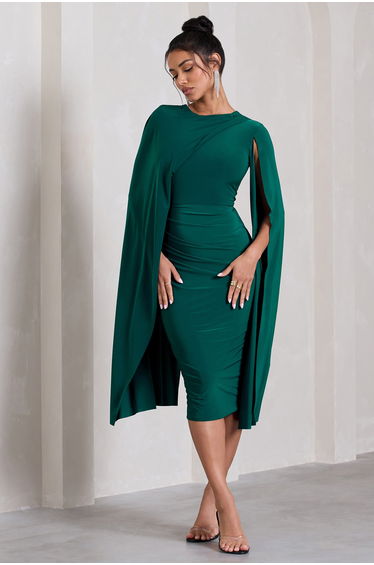 Marysol | Bottle Green Asymmetric Cape Midi Dress