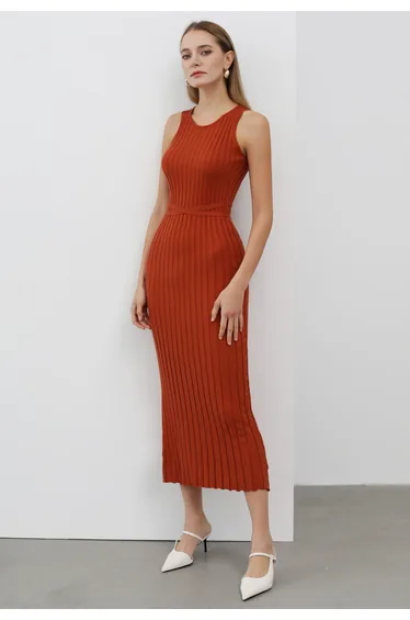 Tie Waist Ribbed Bodycon Knit Dress