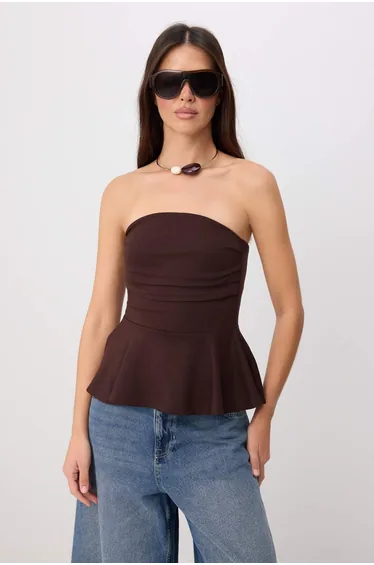 Brown Fitted Strapless Sleeveless Soft Touch Knitted Blouse
