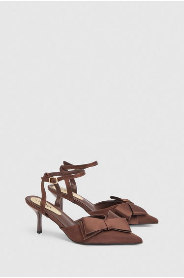 Ella Satin Ankle Strap Bow Detail Medium Stiletto Heel Court Shoes