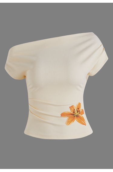 Orange Bloom Print Slant Shoulder Top for Brunch Dates & Weekend Plans