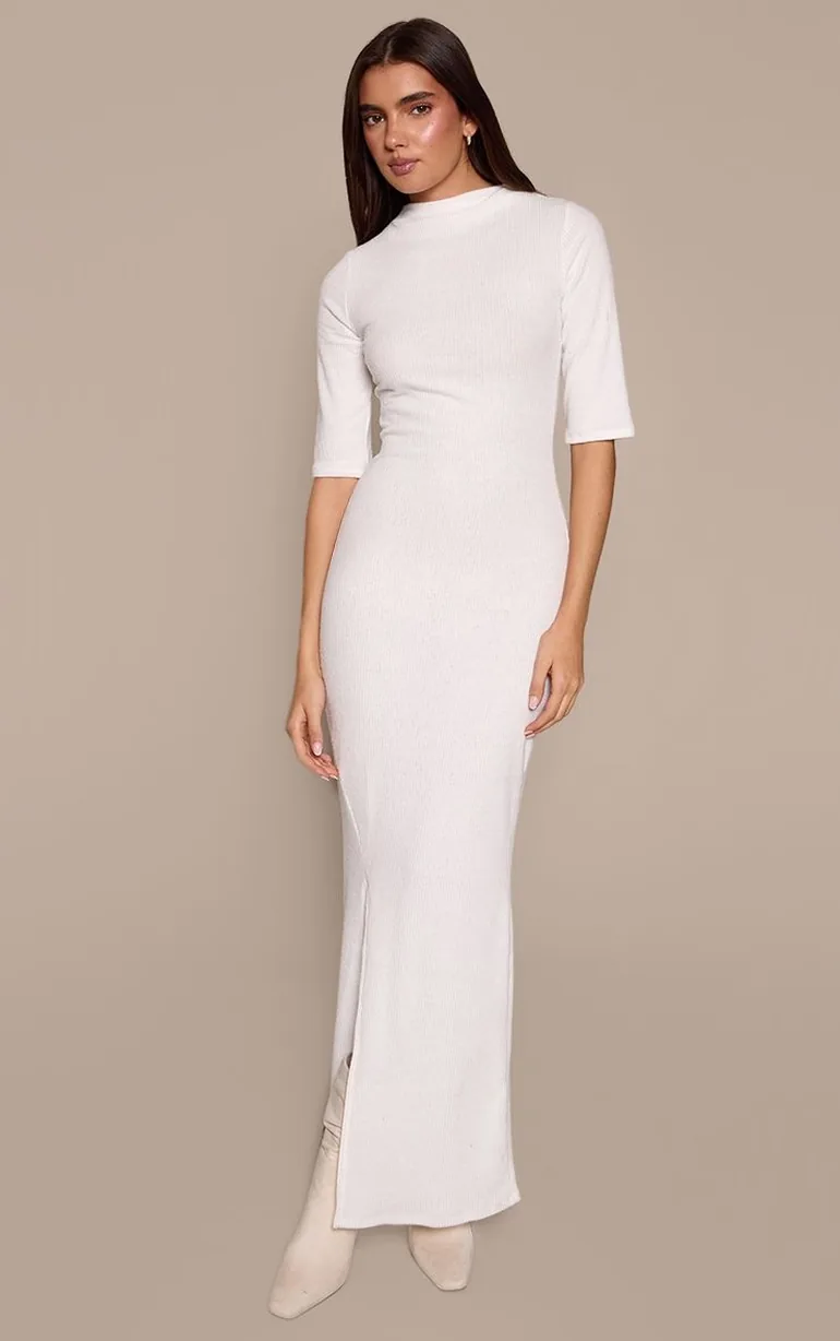 white high neck ribbed bodycon dress THE LUXE RIB HIGH NECK MINI DRESS