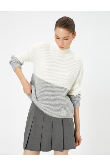Color Block Knit Sweater Long Sleeve Stand Up Neck